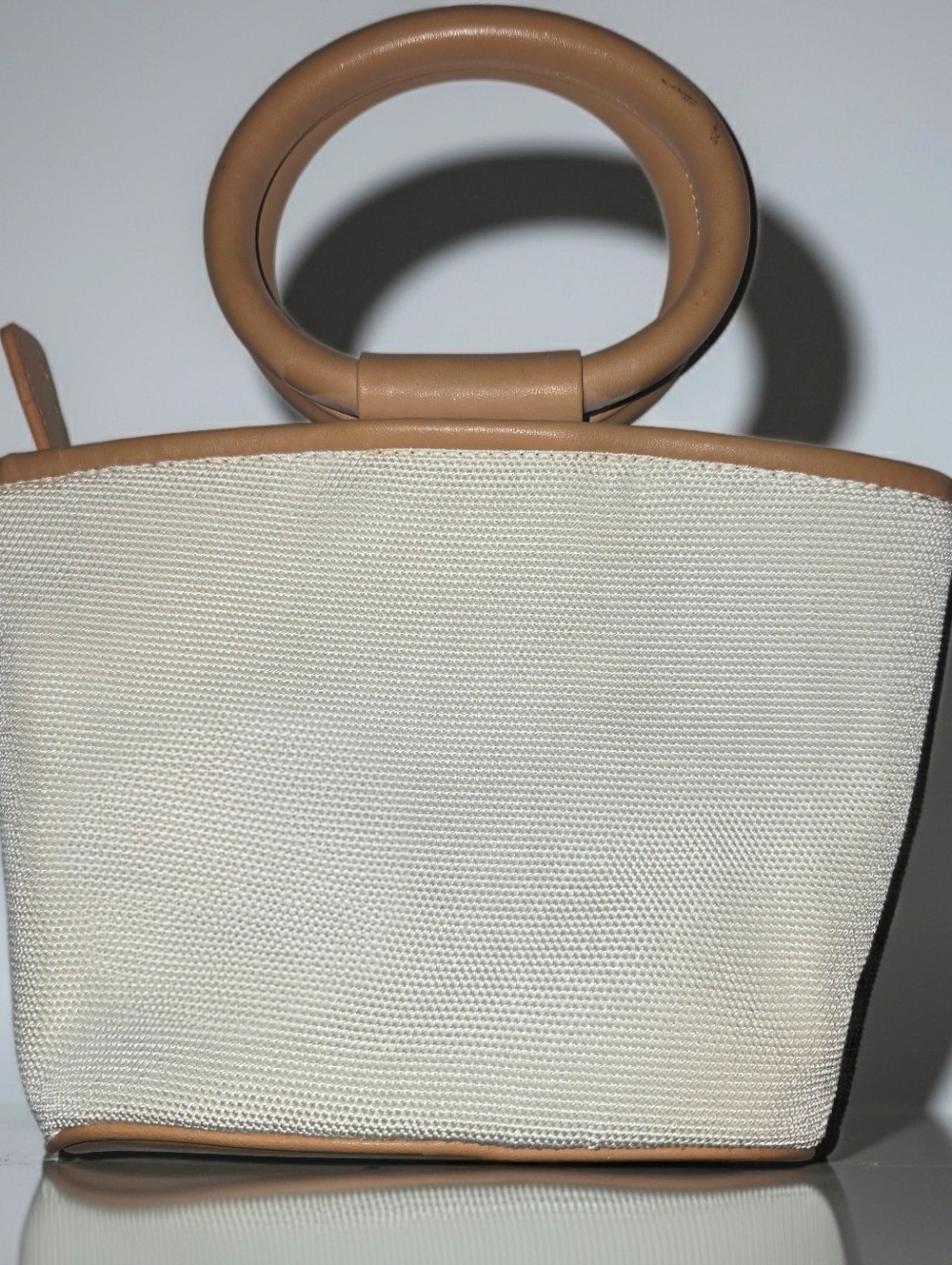 Tan & Cream Women’s Structured Ring-Handle Leather And Fabric Tote - Handbag